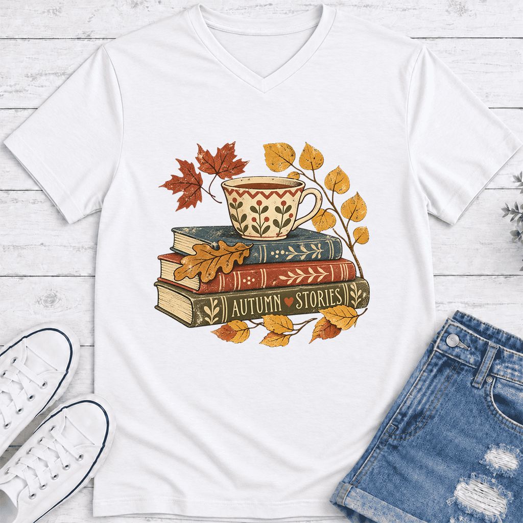 Autumn Stories Book Stack Ultra-Soft V-Neck | Cozy Fall Reader Gift White