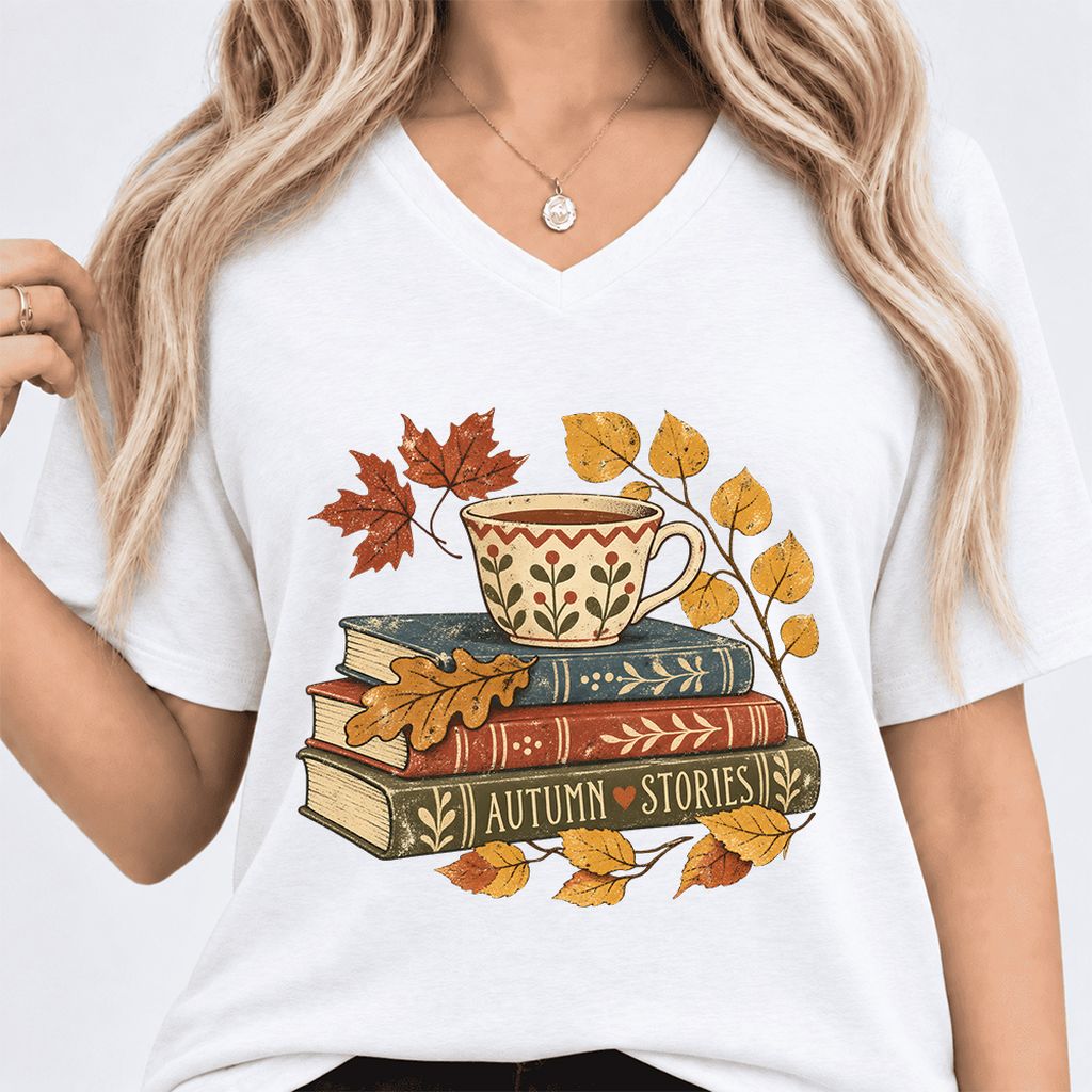 Autumn Stories Book Stack Ultra-Soft V-Neck | Cozy Fall Reader Gift White