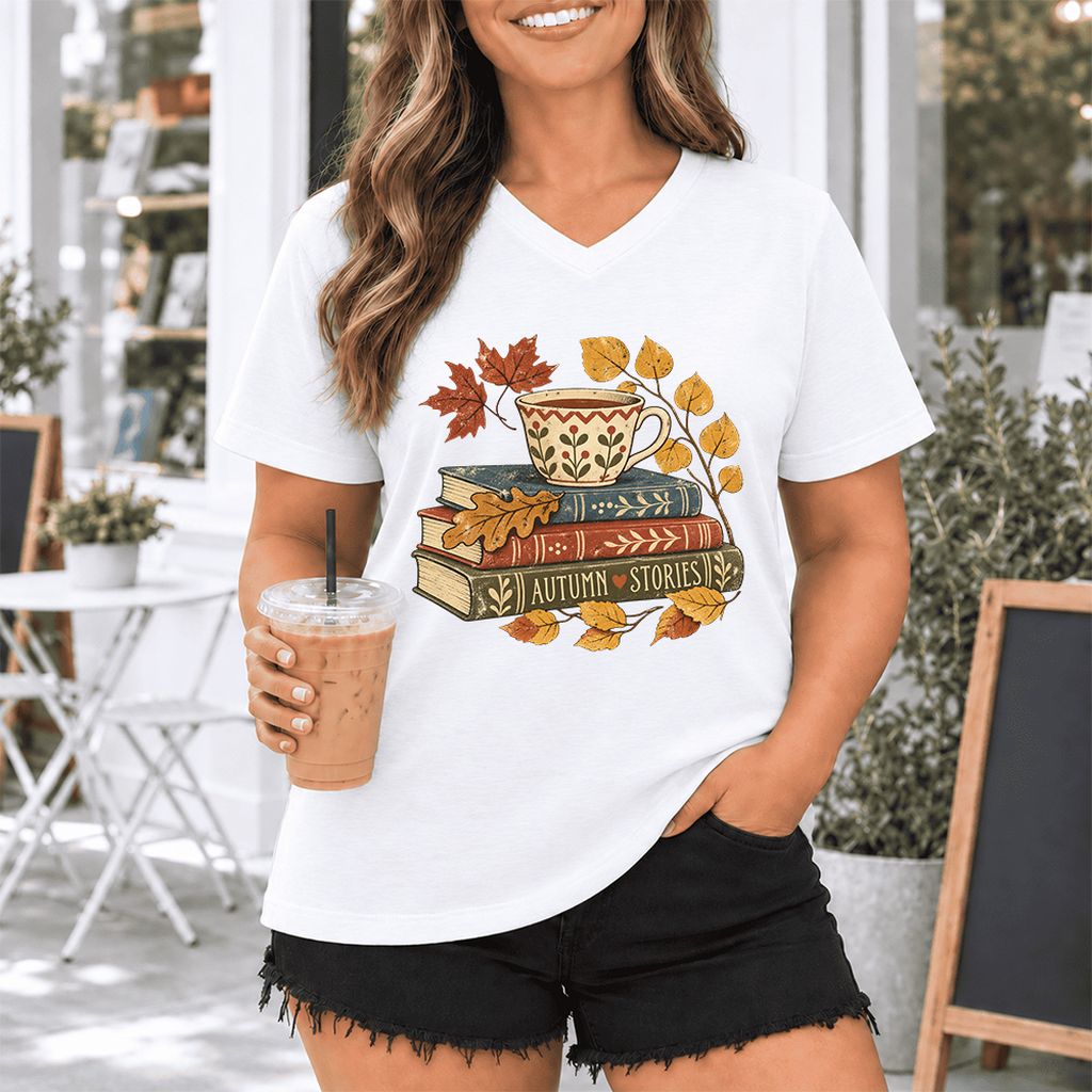 Autumn Stories Book Stack Ultra-Soft V-Neck | Cozy Fall Reader Gift White