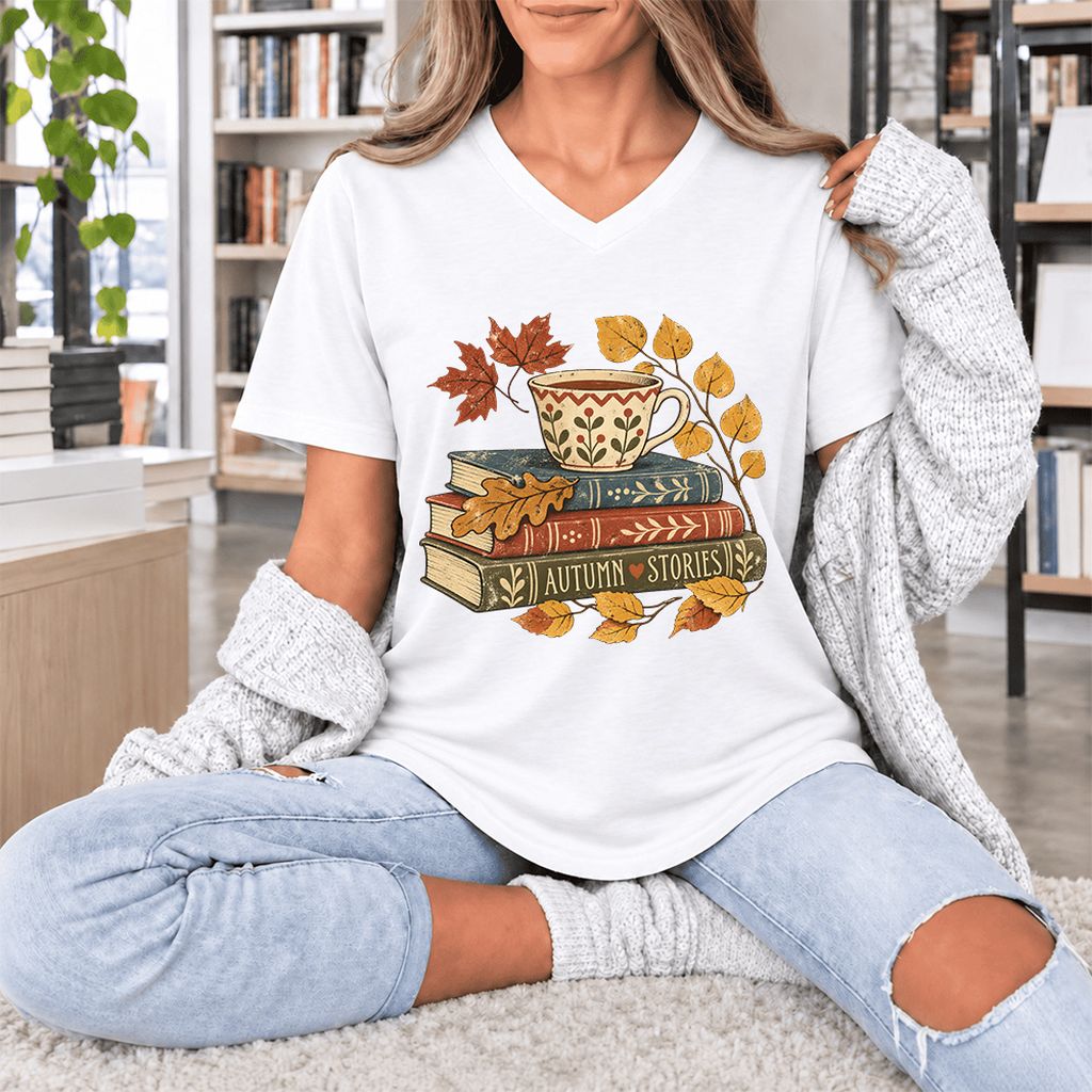 Autumn Stories Book Stack Ultra-Soft V-Neck | Cozy Fall Reader Gift White