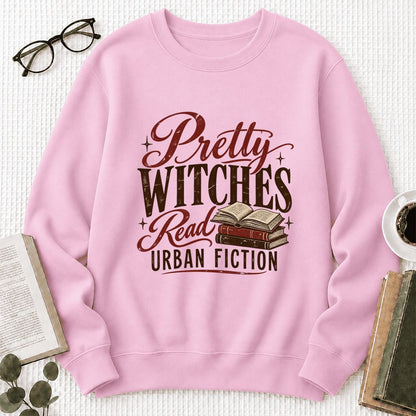 Pretty Witches Read Urban Fiction Crewneck Sweatshirt | Bold Book Lover Gift Light Pink