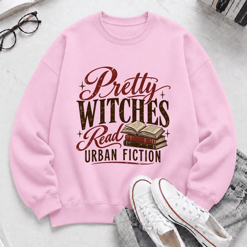 Pretty Witches Read Urban Fiction Crewneck Sweatshirt | Bold Book Lover Gift Light Pink