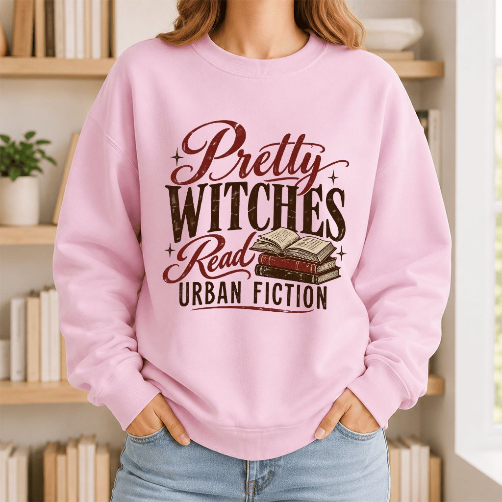 Pretty Witches Read Urban Fiction Crewneck Sweatshirt | Bold Book Lover Gift Light Pink