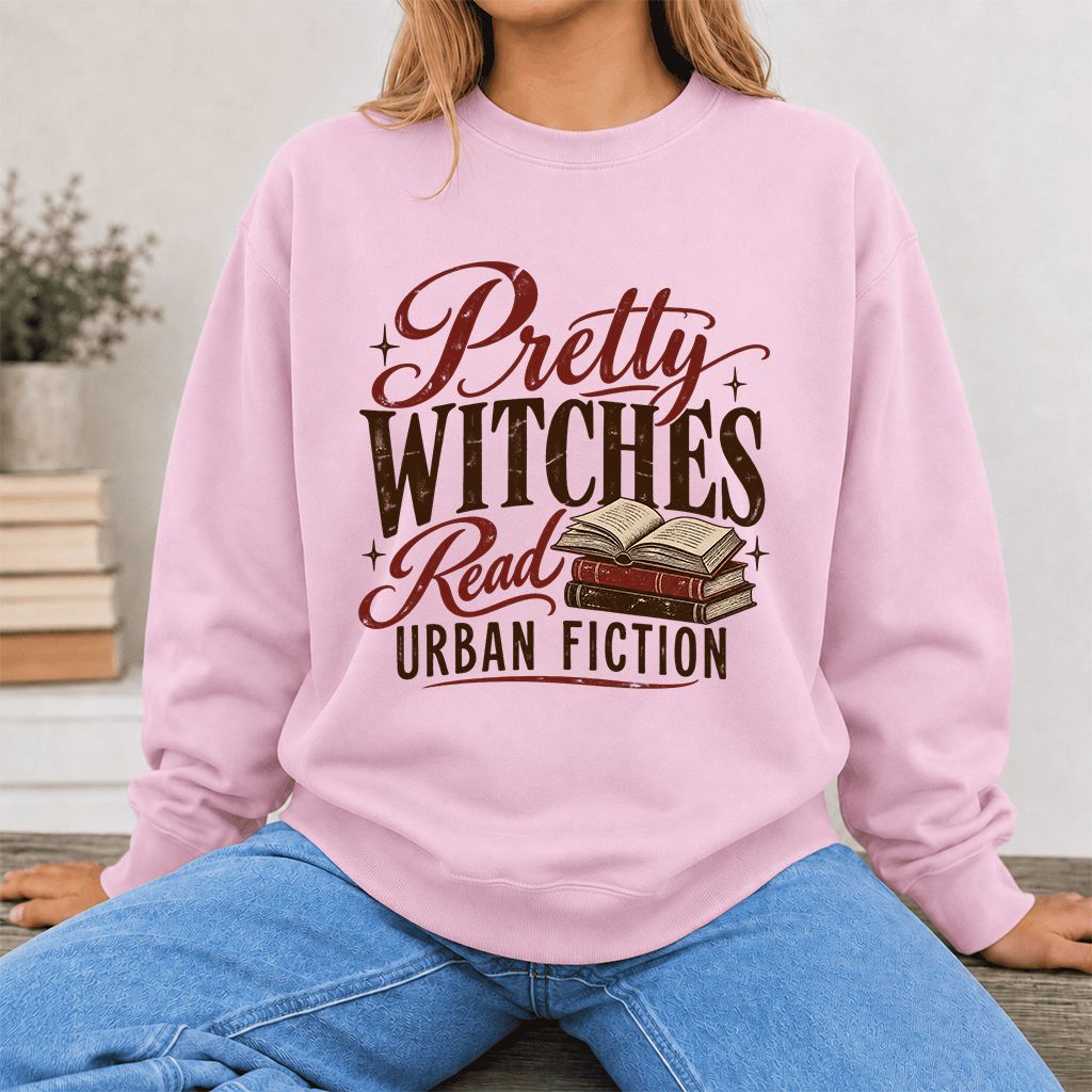 Pretty Witches Read Urban Fiction Crewneck Sweatshirt | Bold Book Lover Gift Light Pink