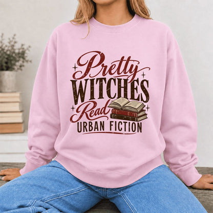 Pretty Witches Read Urban Fiction Crewneck Sweatshirt | Bold Book Lover Gift Light Pink