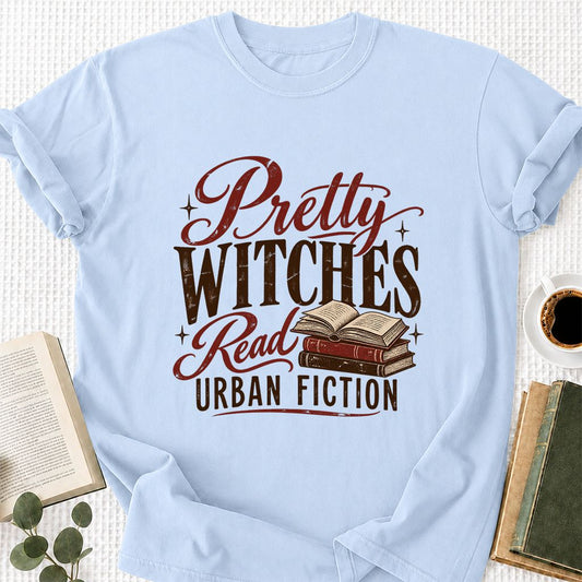 Pretty Witches Read Urban Fiction Printed T-Shirt | Bold Book Lover Gift Light Blue