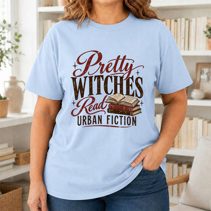 Pretty Witches Read Urban Fiction Printed T-Shirt | Bold Book Lover Gift Light Blue