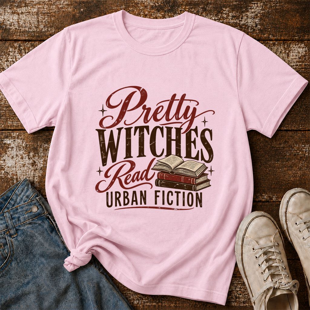 Pretty Witches Read Urban Fiction Printed T-Shirt | Bold Book Lover Gift Light Pink