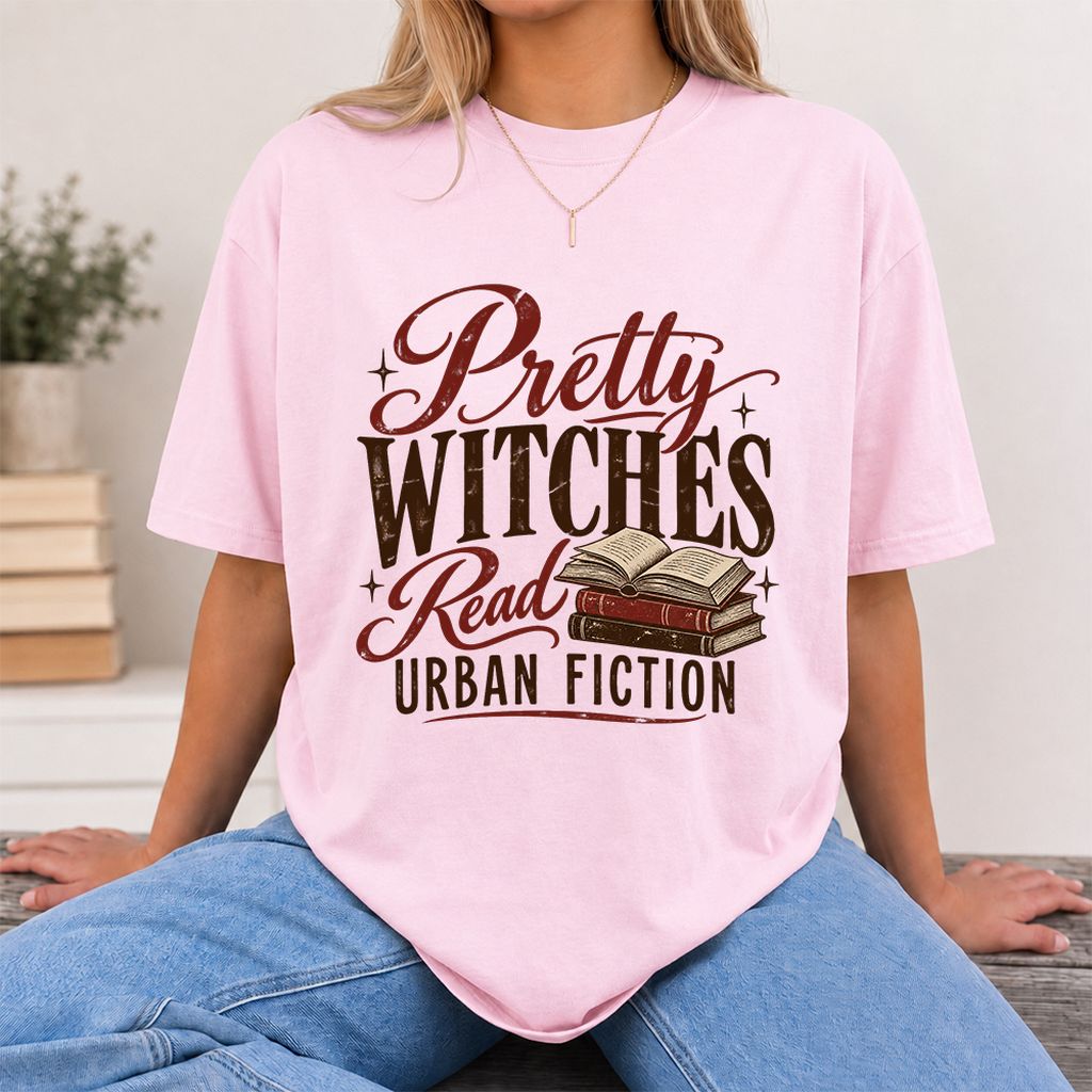 Pretty Witches Read Urban Fiction Printed T-Shirt | Bold Book Lover Gift Light Pink