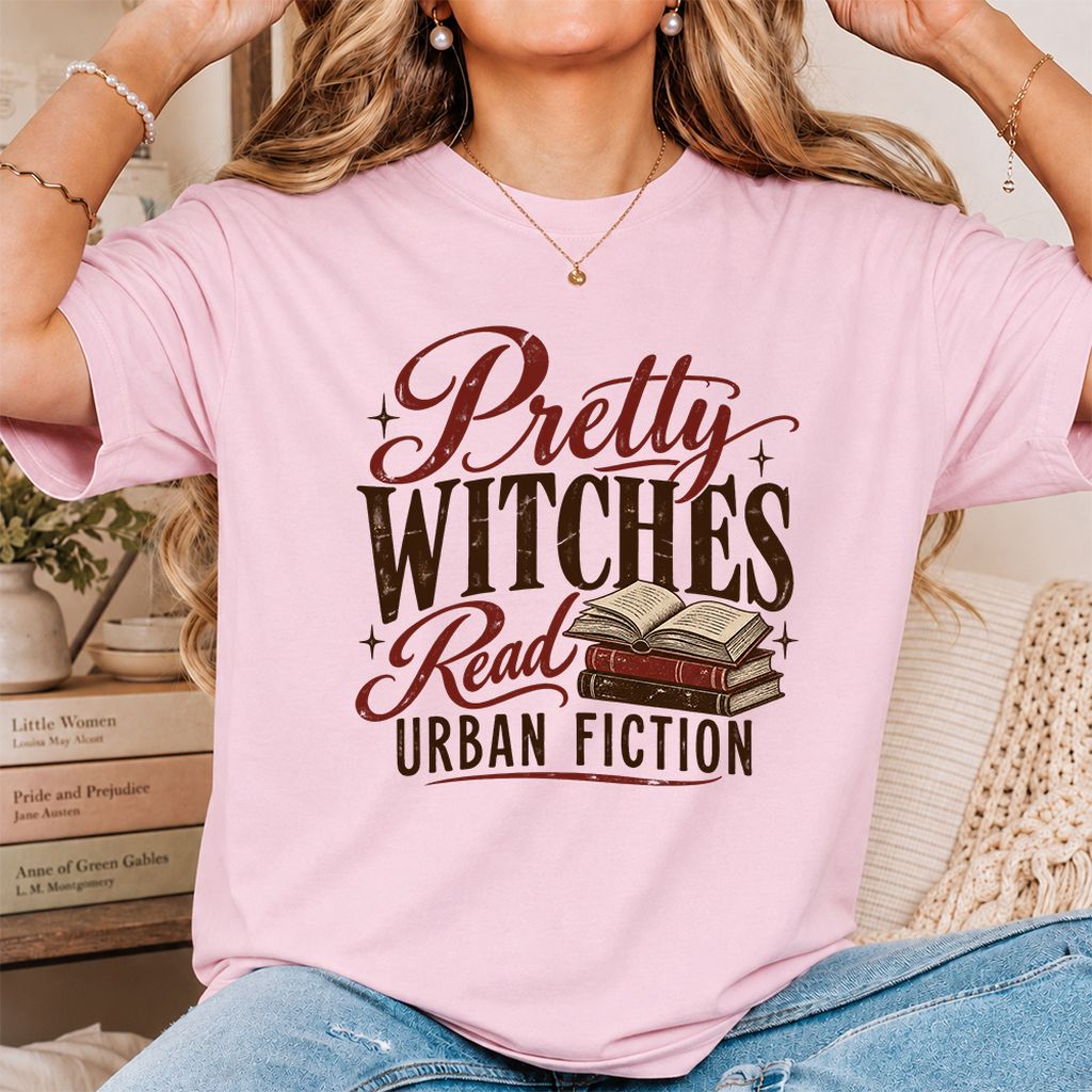 Pretty Witches Read Urban Fiction Printed T-Shirt | Bold Book Lover Gift Light Pink