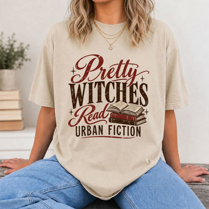 Pretty Witches Read Urban Fiction Printed T-Shirt | Bold Book Lover Gift Sand