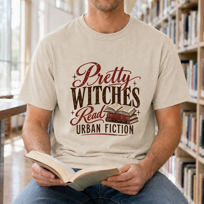 Pretty Witches Read Urban Fiction Printed T-Shirt | Bold Book Lover Gift Sand
