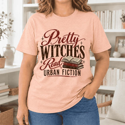 Pretty Witches Read Urban Fiction Ultra-Soft Cotton T-Shirt | Reader Gift Heather Peach