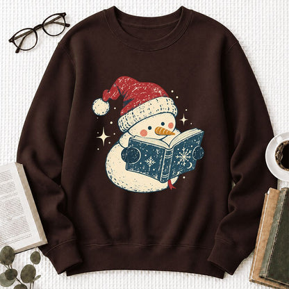 Reading Snowman Christmas Crewneck Sweatshirt | Cozy Christmas Reader Gift Dark Chocolate