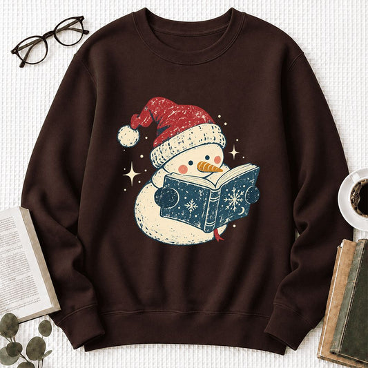 Reading Snowman Christmas Crewneck Sweatshirt | Cozy Christmas Reader Gift Dark Chocolate