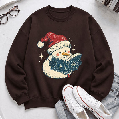 Reading Snowman Christmas Crewneck Sweatshirt | Cozy Christmas Reader Gift Dark Chocolate
