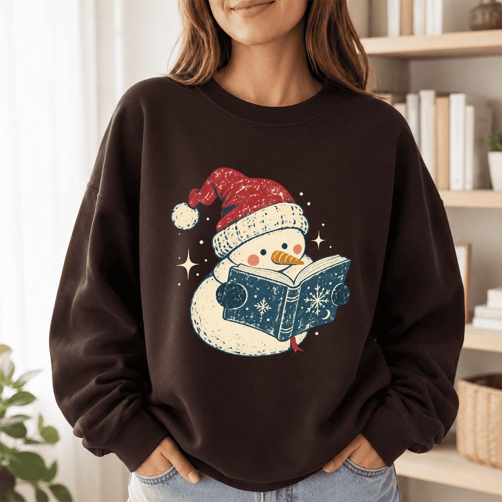 Reading Snowman Christmas Crewneck Sweatshirt | Cozy Christmas Reader Gift Dark Chocolate