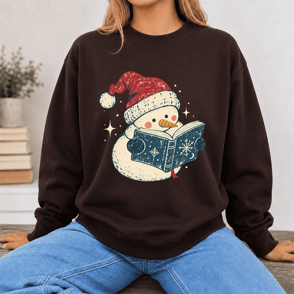 Reading Snowman Christmas Crewneck Sweatshirt | Cozy Christmas Reader Gift Dark Chocolate