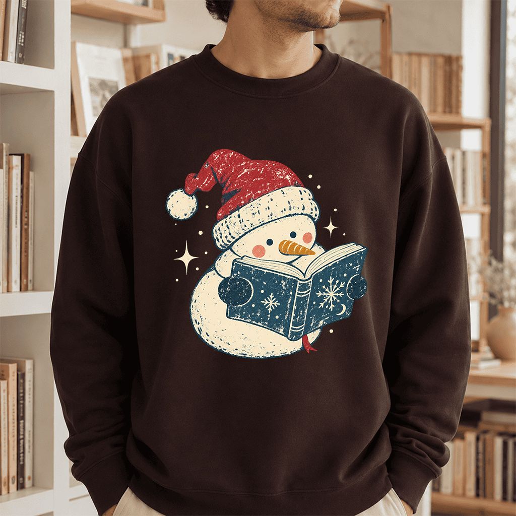 Reading Snowman Christmas Crewneck Sweatshirt | Cozy Christmas Reader Gift Dark Chocolate