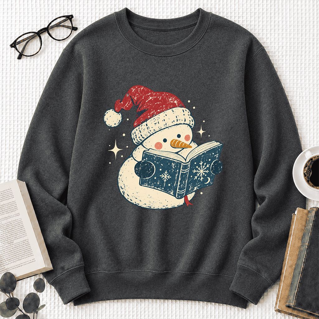 Reading Snowman Christmas Crewneck Sweatshirt | Cozy Christmas Reader Gift Dark Heather