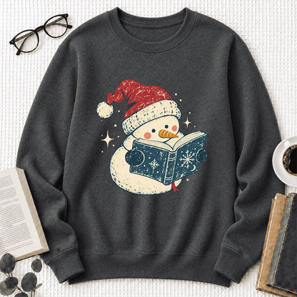 Reading Snowman Christmas Crewneck Sweatshirt | Cozy Christmas Reader Gift Dark Heather