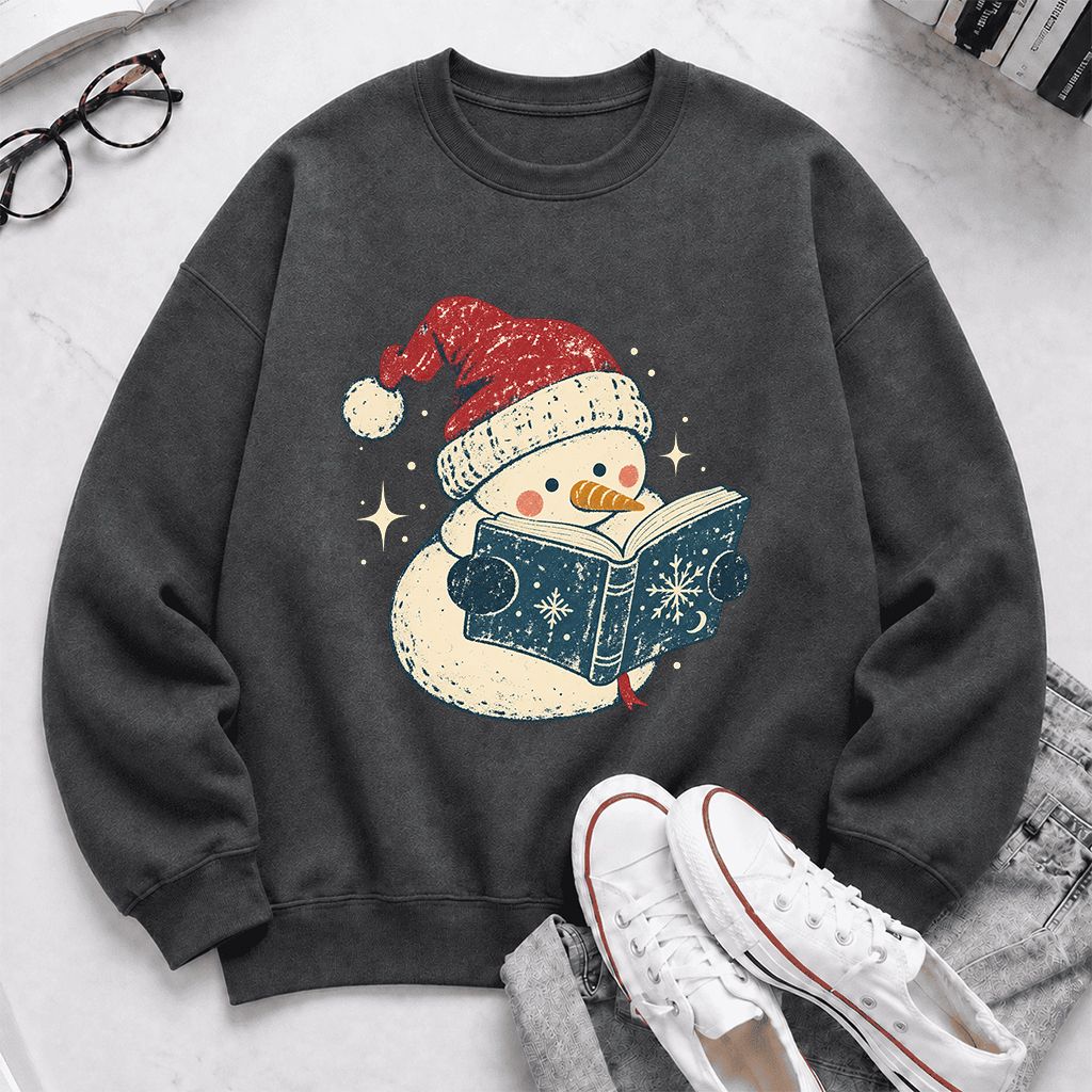 Reading Snowman Christmas Crewneck Sweatshirt | Cozy Christmas Reader Gift Dark Heather