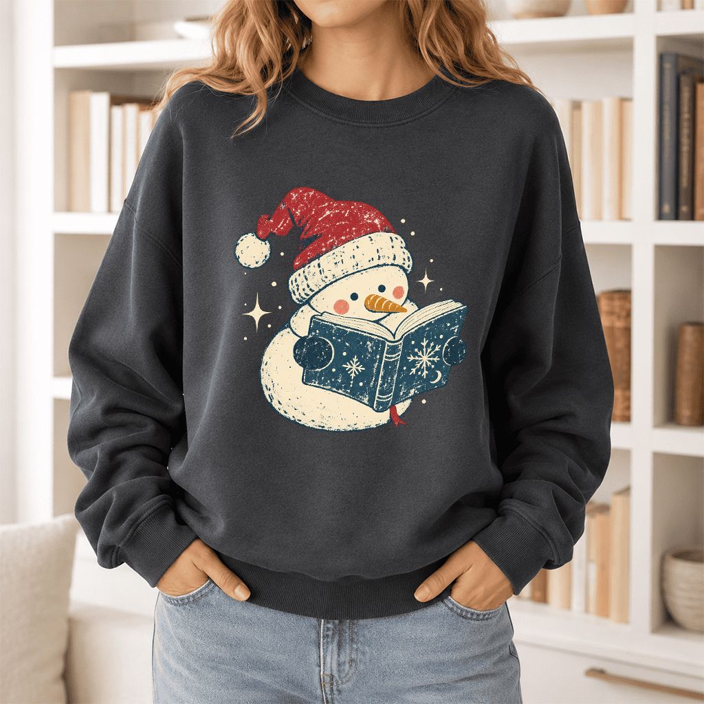 Reading Snowman Christmas Crewneck Sweatshirt | Cozy Christmas Reader Gift Dark Heather