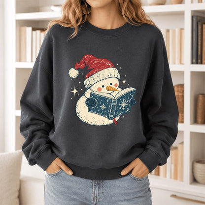 Reading Snowman Christmas Crewneck Sweatshirt | Cozy Christmas Reader Gift Dark Heather