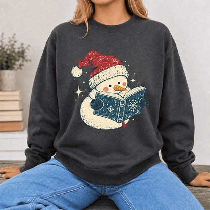 Reading Snowman Christmas Crewneck Sweatshirt | Cozy Christmas Reader Gift Dark Heather