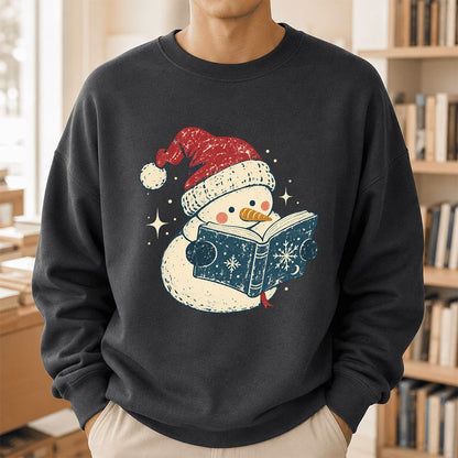 Reading Snowman Christmas Crewneck Sweatshirt | Cozy Christmas Reader Gift Dark Heather