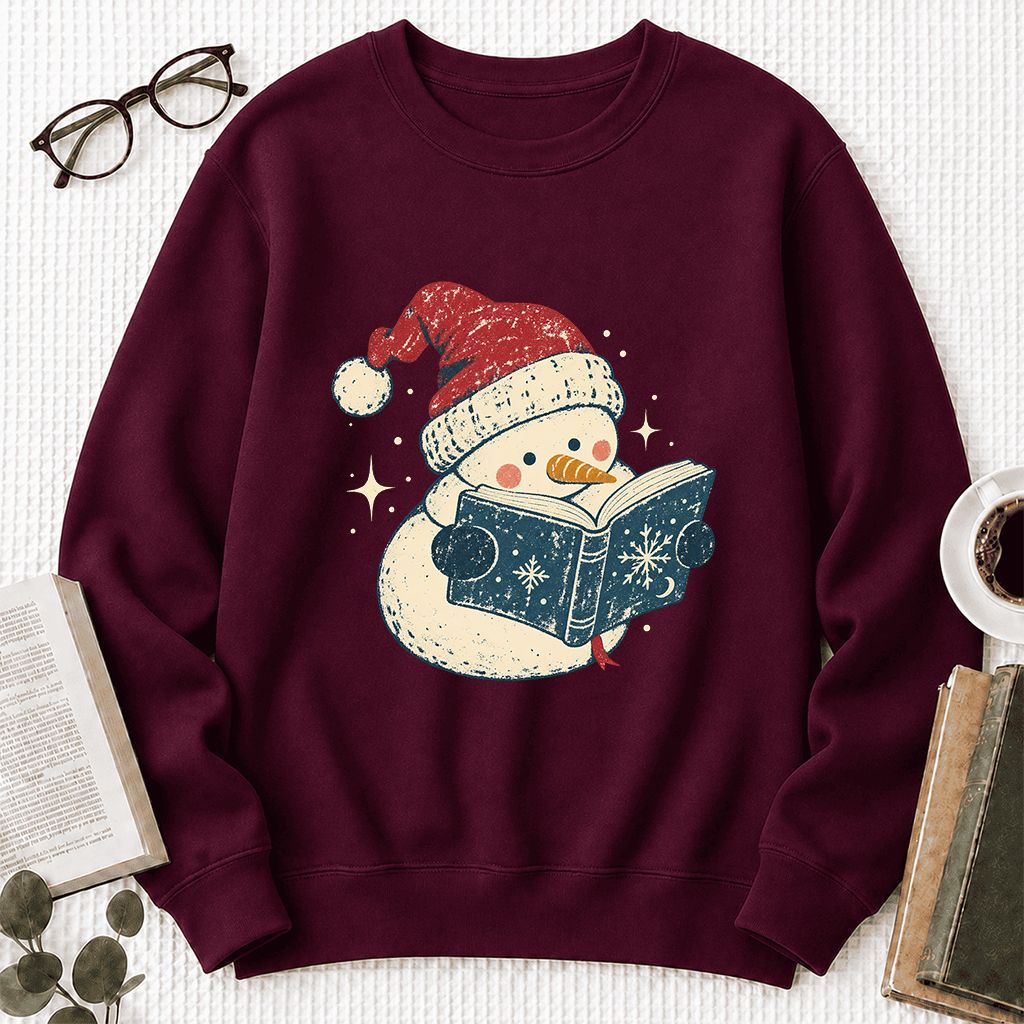 Reading Snowman Christmas Crewneck Sweatshirt | Cozy Christmas Reader Gift Maroon