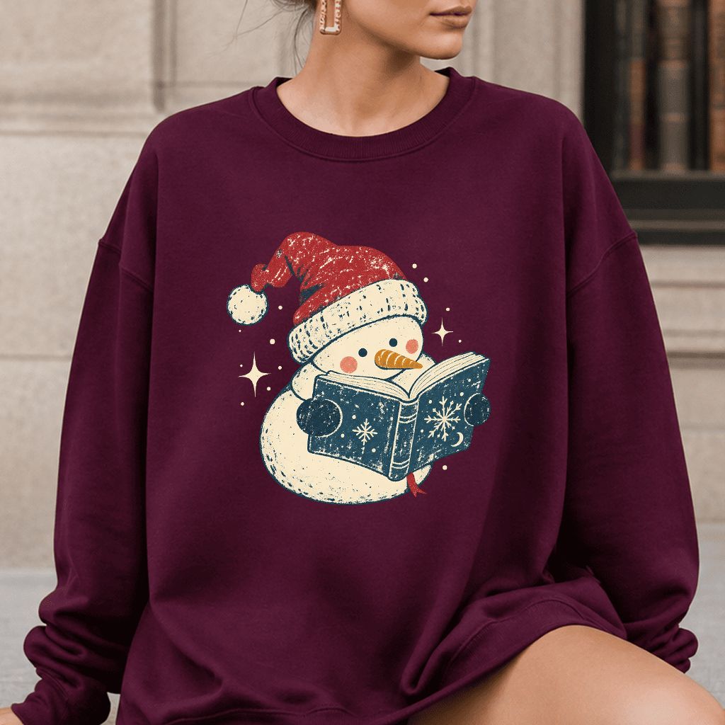 Reading Snowman Christmas Crewneck Sweatshirt | Cozy Christmas Reader Gift Maroon