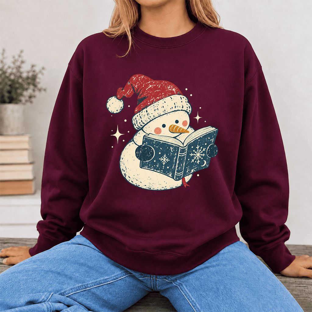 Reading Snowman Christmas Crewneck Sweatshirt | Cozy Christmas Reader Gift Maroon