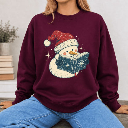 Reading Snowman Christmas Crewneck Sweatshirt | Cozy Christmas Reader Gift Maroon