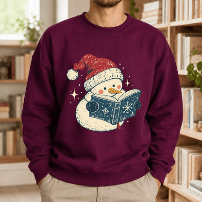Reading Snowman Christmas Crewneck Sweatshirt | Cozy Christmas Reader Gift Maroon