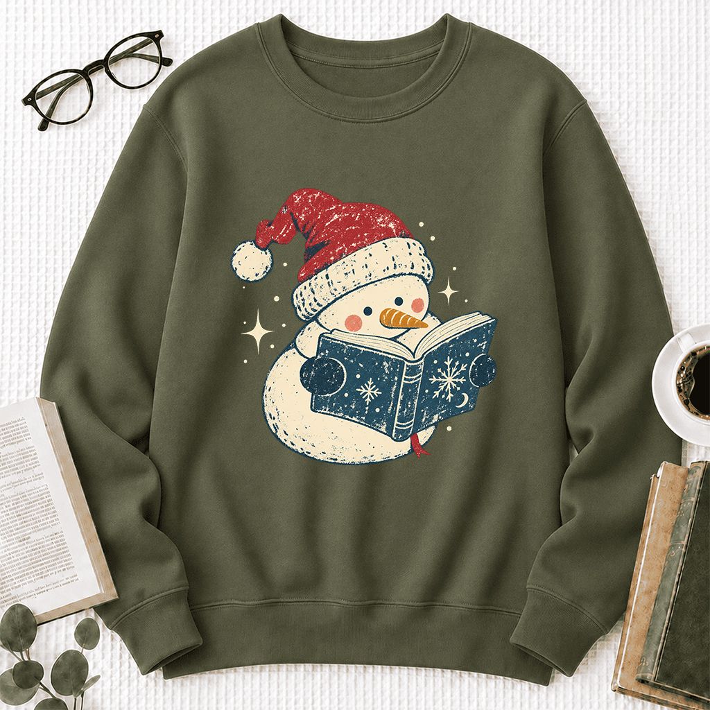 Reading Snowman Christmas Crewneck Sweatshirt | Cozy Christmas Reader Gift Military Green
