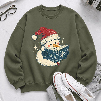 Reading Snowman Christmas Crewneck Sweatshirt | Cozy Christmas Reader Gift Military Green