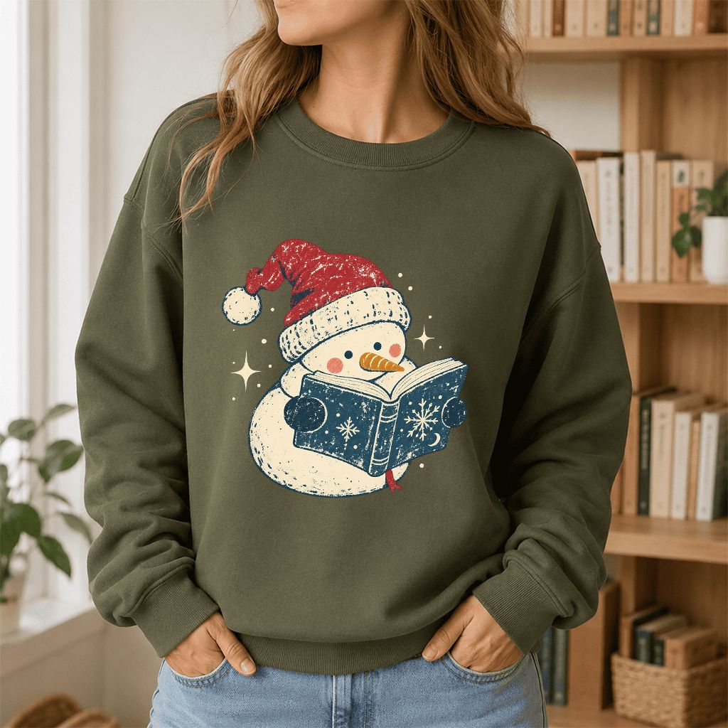 Reading Snowman Christmas Crewneck Sweatshirt | Cozy Christmas Reader Gift Military Green