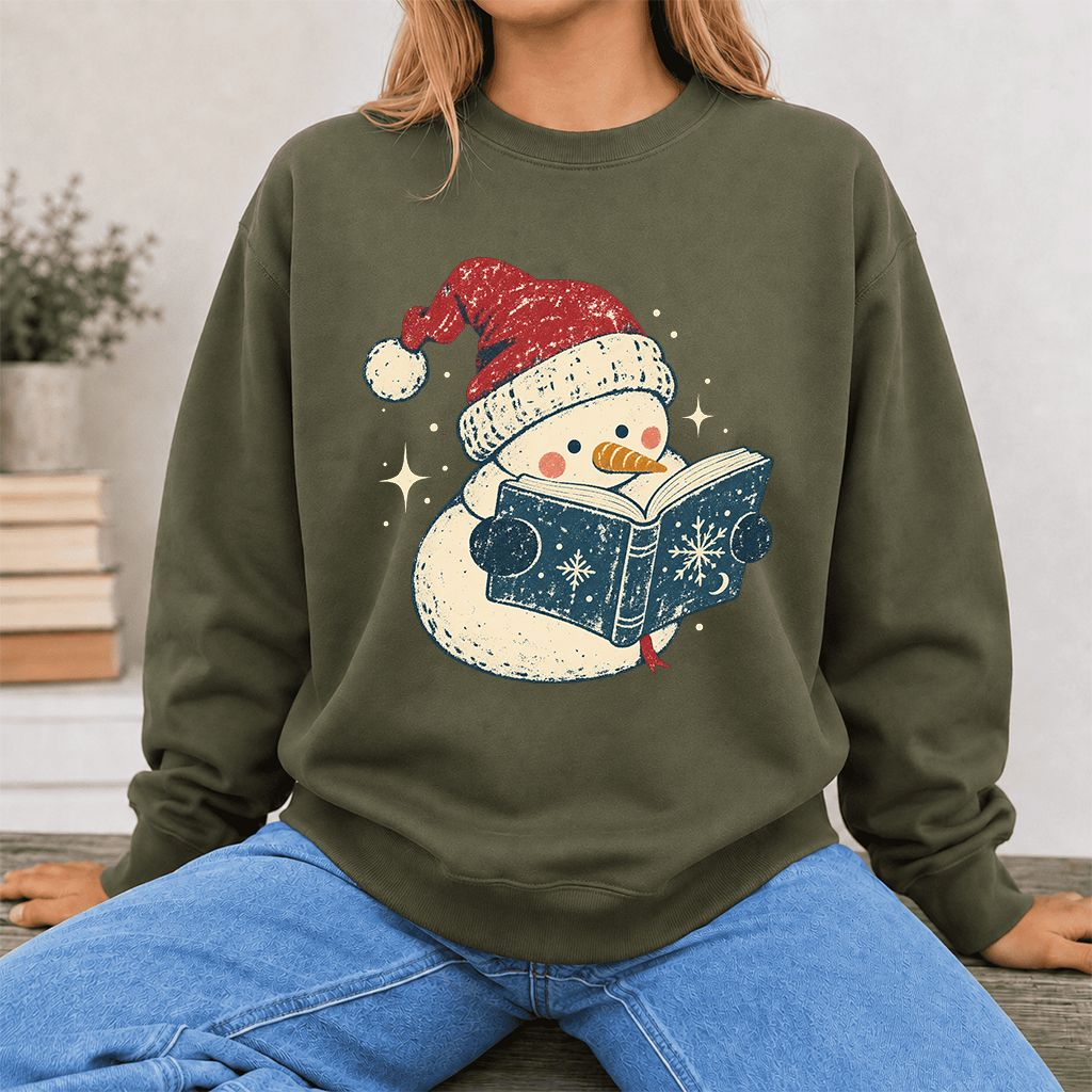 Reading Snowman Christmas Crewneck Sweatshirt | Cozy Christmas Reader Gift Military Green