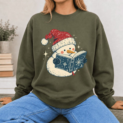 Reading Snowman Christmas Crewneck Sweatshirt | Cozy Christmas Reader Gift Military Green