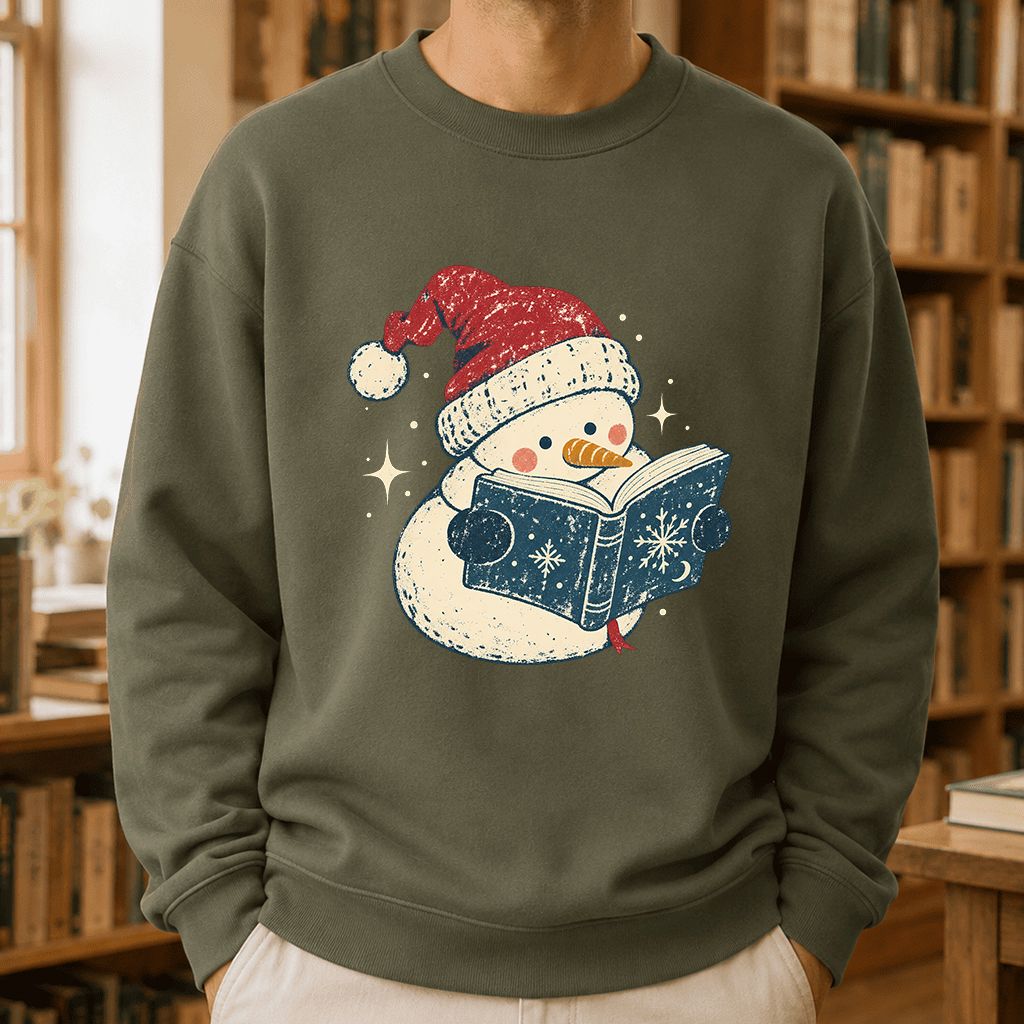 Reading Snowman Christmas Crewneck Sweatshirt | Cozy Christmas Reader Gift Military Green