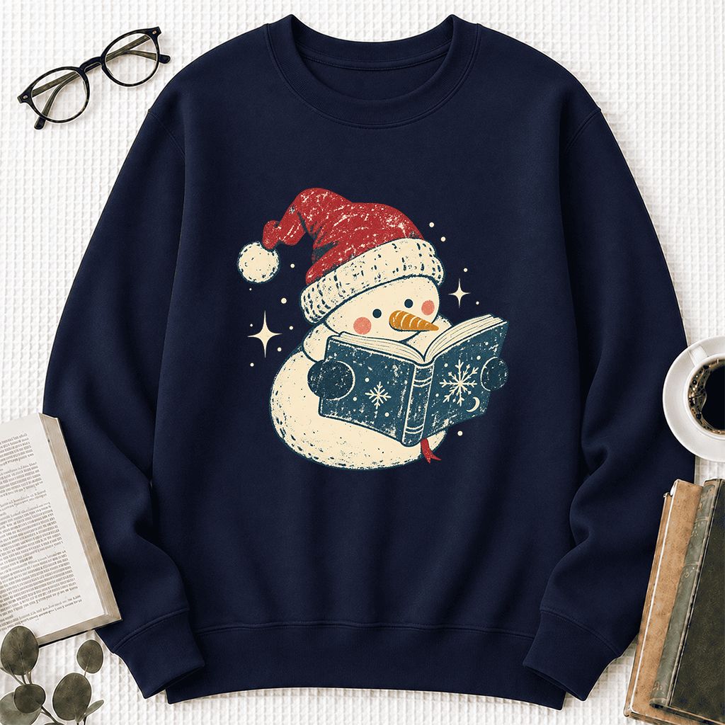 Reading Snowman Christmas Crewneck Sweatshirt | Cozy Christmas Reader Gift Navy