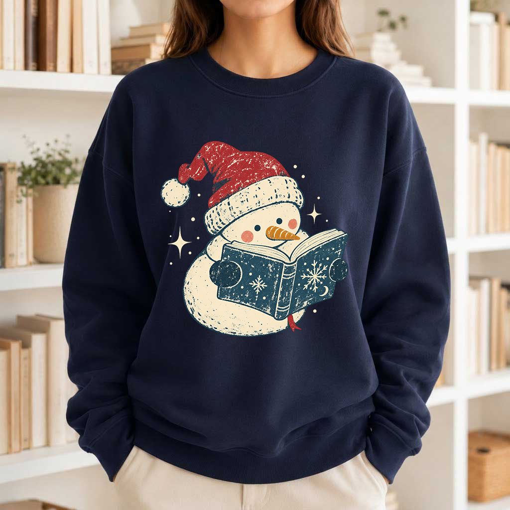 Reading Snowman Christmas Crewneck Sweatshirt | Cozy Christmas Reader Gift Navy