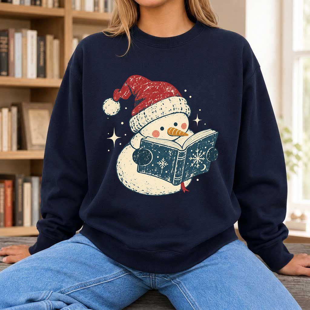 Reading Snowman Christmas Crewneck Sweatshirt | Cozy Christmas Reader Gift Navy