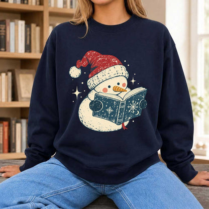 Reading Snowman Christmas Crewneck Sweatshirt | Cozy Christmas Reader Gift Navy