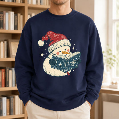 Reading Snowman Christmas Crewneck Sweatshirt | Cozy Christmas Reader Gift Navy