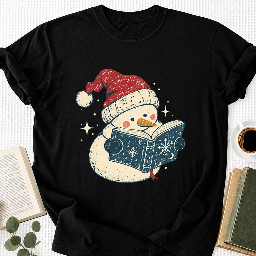 Reading Snowman Christmas Printed T-Shirt | Cozy Christmas Reader Gift Black