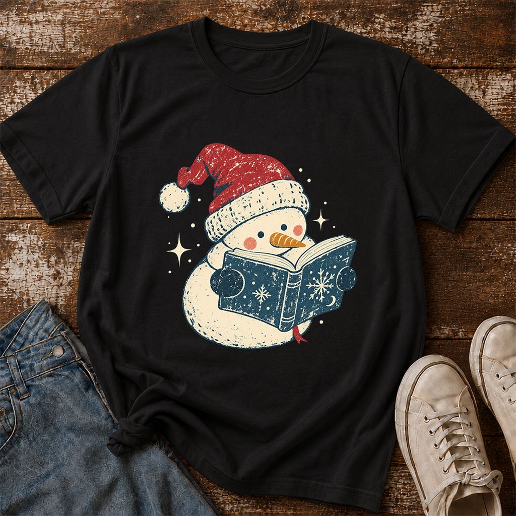 Reading Snowman Christmas Printed T-Shirt | Cozy Christmas Reader Gift Black