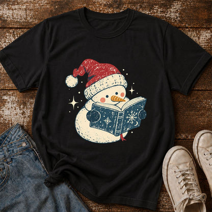 Reading Snowman Christmas Printed T-Shirt | Cozy Christmas Reader Gift Black