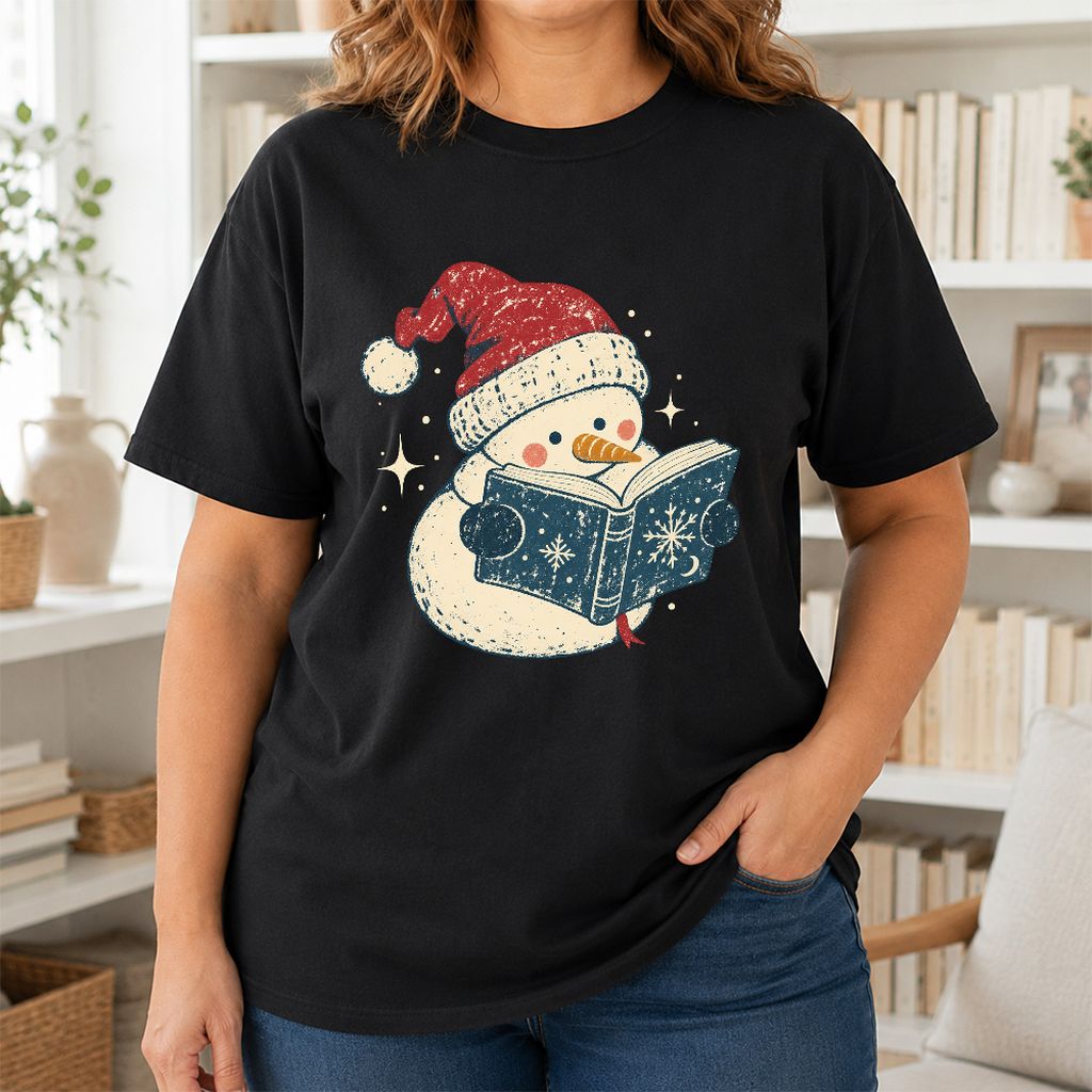 Reading Snowman Christmas Printed T-Shirt | Cozy Christmas Reader Gift Black